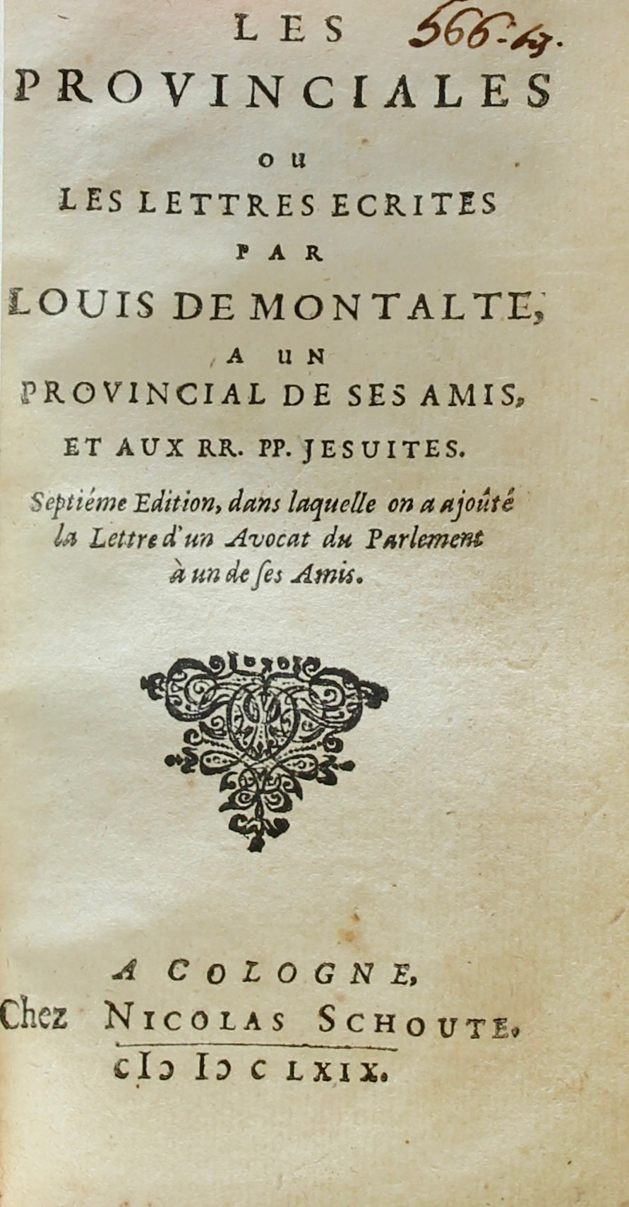 Pascal — Les Provinciales, Seventh Edition (Elzevier, Amsterdam, 1669)