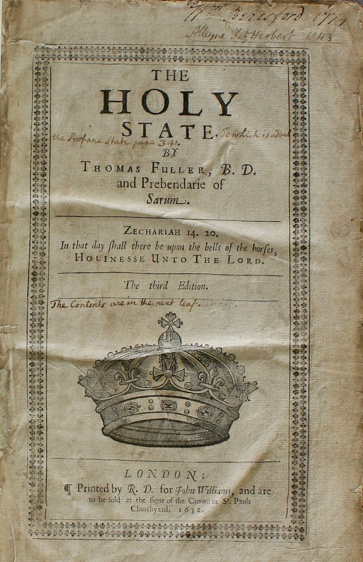 Fuller – The Holy State. The Third Edition, 1652 – With The Profane State – 20 Engraved Portraits
