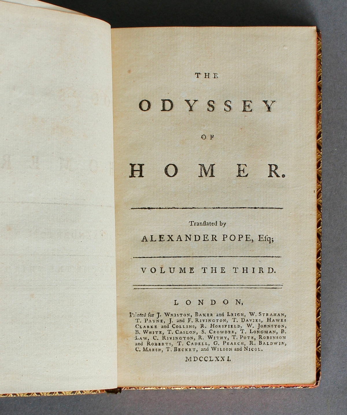 HOMER. The Odyssey. Translated by Alexander Pope. Four volumes. London, 1771.