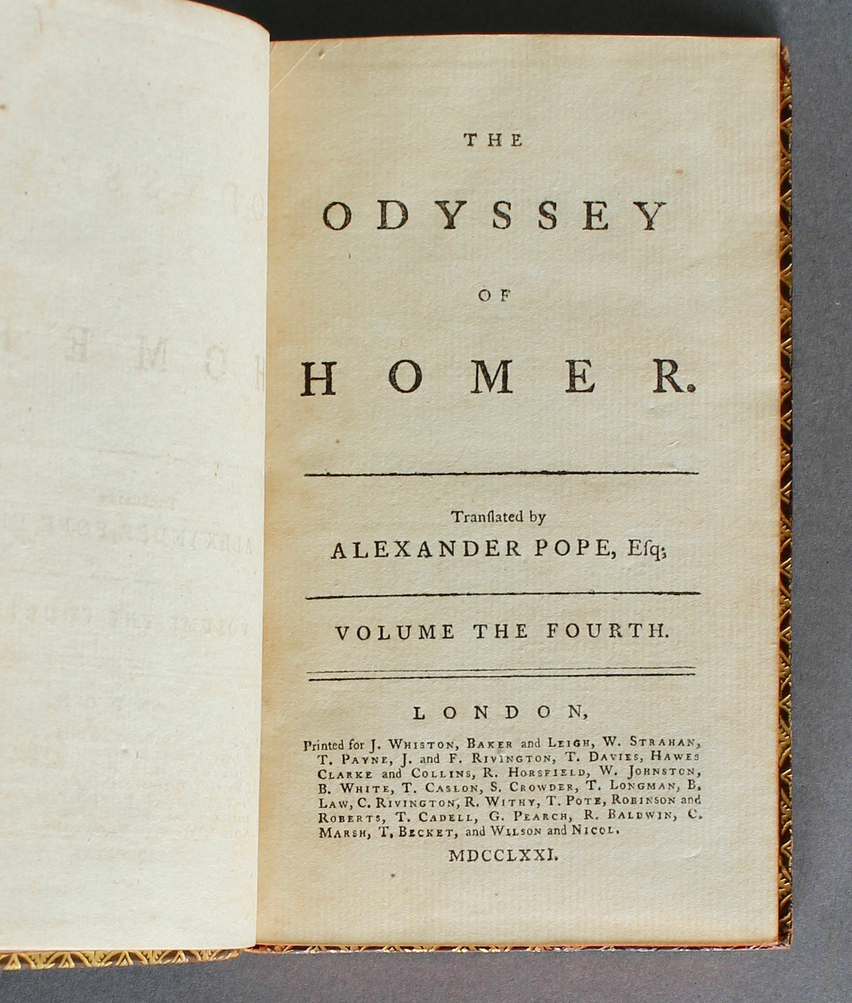 HOMER. The Odyssey. Translated by Alexander Pope. Four volumes. London, 1771.