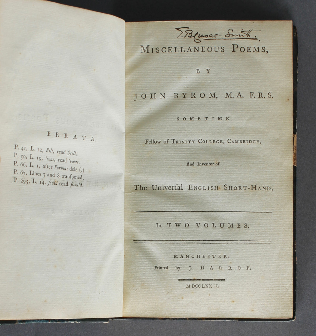 BYROM, John — Miscellaneous Poems — 1773 — First Collected Edition — Atherton Byrom / Cusack-Smith Association Copy