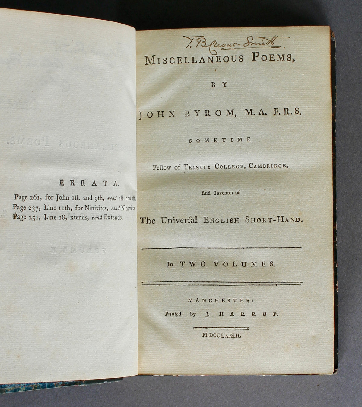 BYROM, John — Miscellaneous Poems — 1773 — First Collected Edition — Atherton Byrom / Cusack-Smith Association Copy