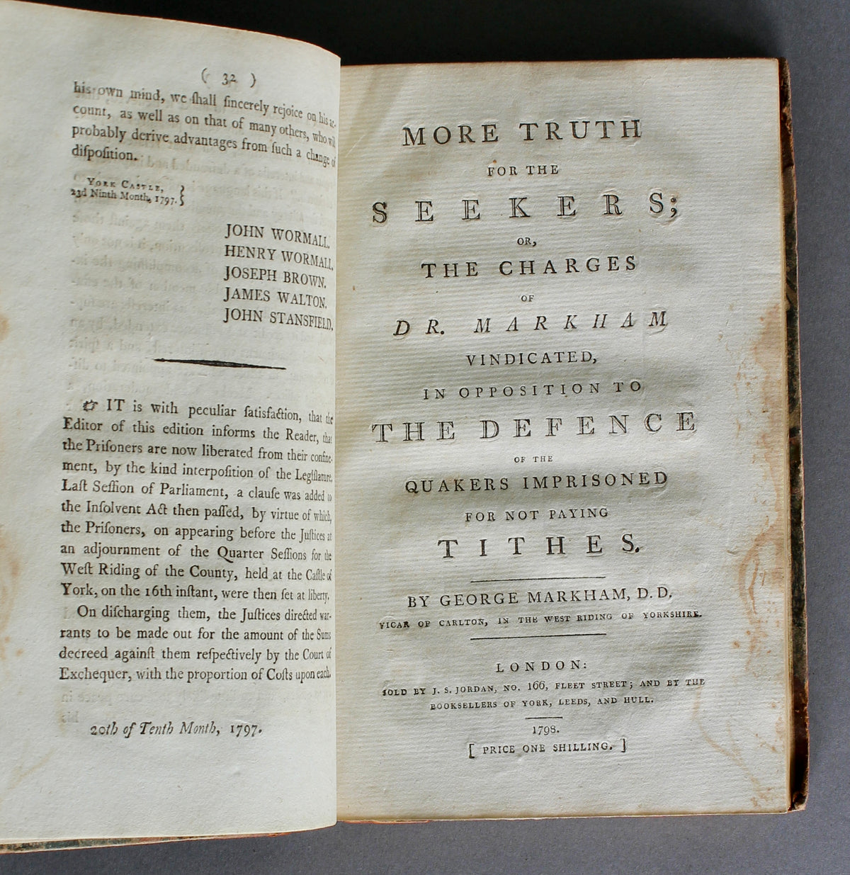 MARKHAM, George — Truth for the Seekers — Quaker Tithe Controversy — York Castle — Allan Rowntree Association Copy