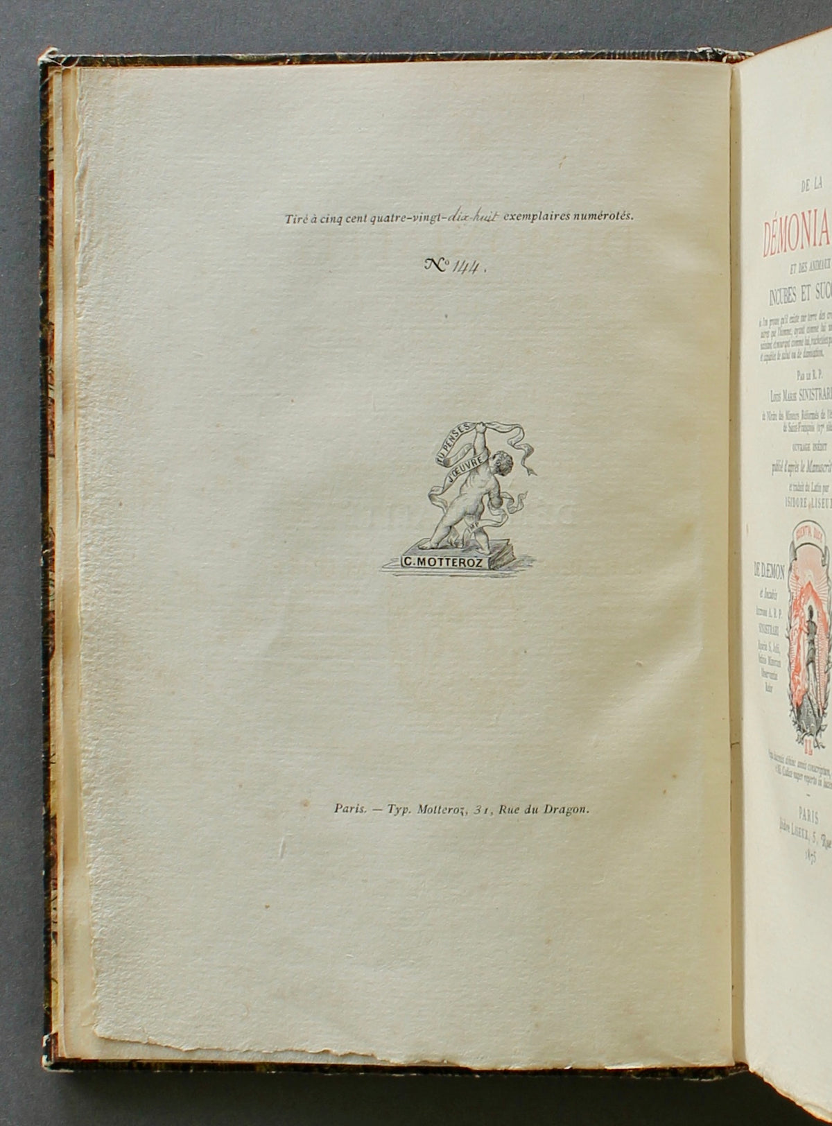 Sinistrari — De la Démonialité — 1875 First Edition, No. 144/598 — Alfred Clériceau Copy in Japoniste Binding