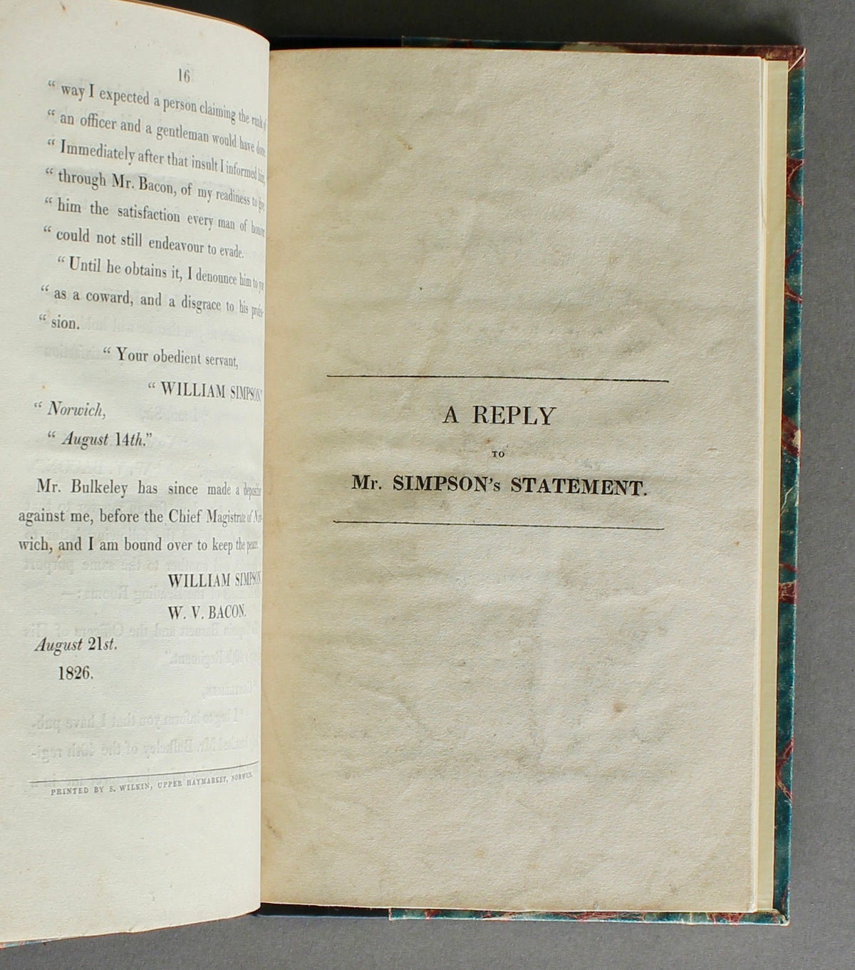 Simpson & Bulkeley — An Abortive Norwich Duel — Two Rare Pamphlets, 1826 — James Stowe & R. C. Fiske Provenance