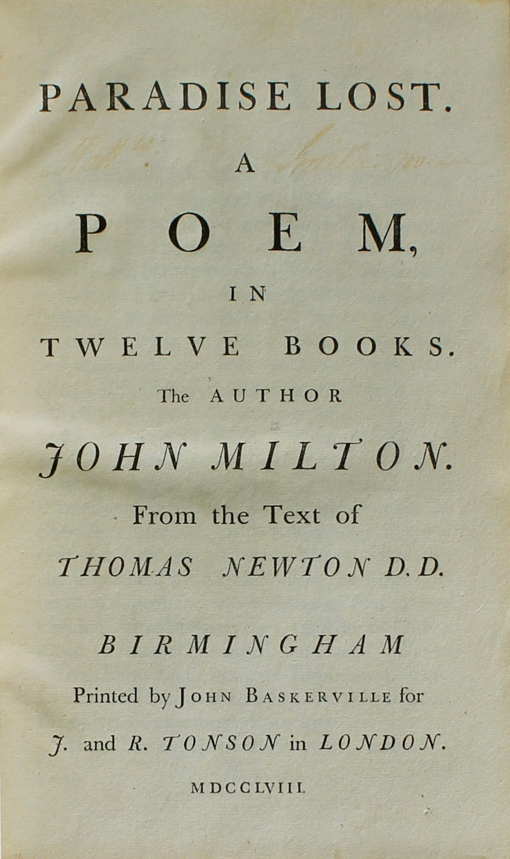 John Milton — Paradise Lost & Paradise Regain’d — John Baskerville, 1758 — First Baskerville Editions — Merchant Taylors’ Company Armorial Copy